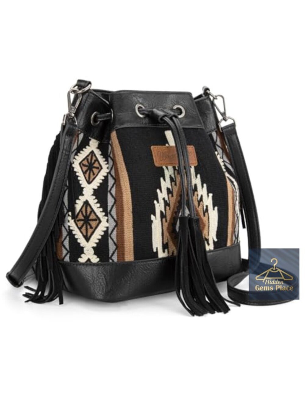 Vegan Leather Bucket Bag with Aztec Pattern Crossbody Hobo